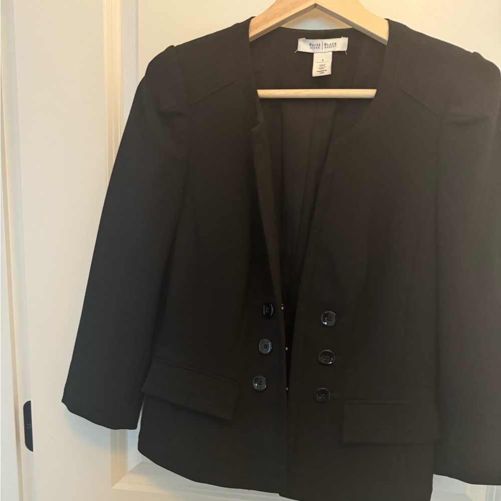WHBM Black.  blazer- jacket. 3/4 sleeve. Size 4. Hook close.